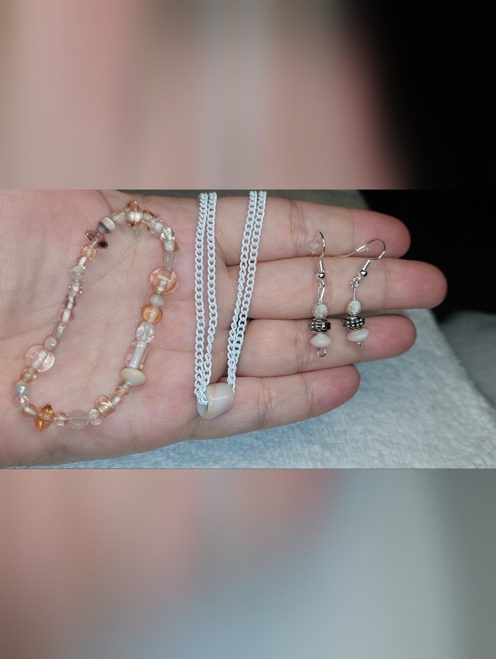Pink Bead Bracelet, White Pendant Necklace & Pink Bead Dangle Earrings Set.glass